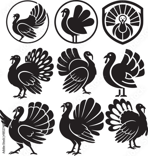 Turkey silhouettes with badge and emblem icons set, Thanksgiving bird logo collection