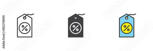Percent price tag line, solid and colorful icon set pack