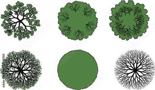 Top view green tree crowns and bare branches flat vector set for landscape design park planning illustration nature elements collection