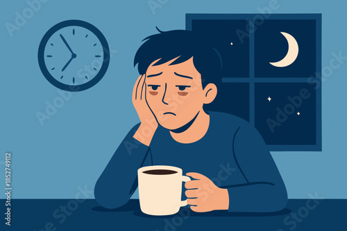 Insomnia Illustration of Tired Man Drinking Coffee at Night