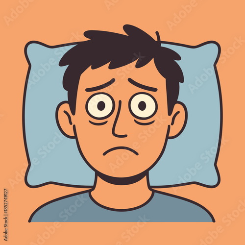 Insomnia and Anxiety Illustration of Tired Man Lying Awake