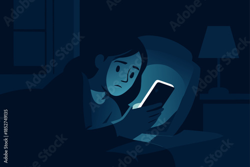 Insomnia Illustration of Woman Using Smartphone in Bed at Night