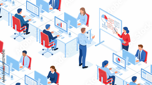 Office workers at their desks and in a meeting