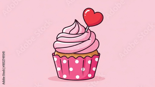 A pink frosted cupcake with a heart on top in a pink polka dot wrapper on a pastel background sweet dessert treat for valentine's day