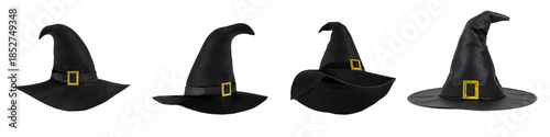 high-quality photograph of four black witch hats with gold buckles, captured from various angles, perfect for halloween concepts.