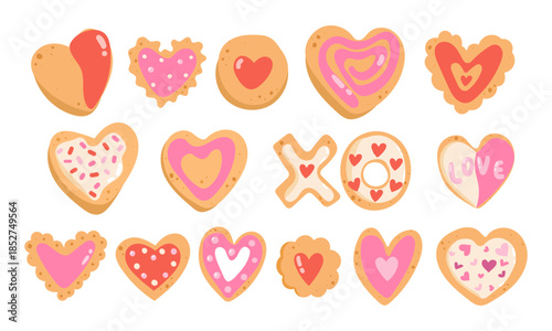 Heart cookie Valentine s Day set, vector chocolate cute dessert, cartoon sweet food background kit. Holiday pastry doughnut, pink glaze, love symbol, biscuit frosting. Heart cookie bakery clipart