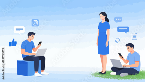 People using devices with social icons