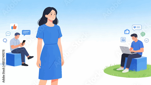 Woman standing with two men using devices