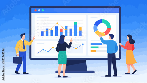 Business team analyzing data on large screen