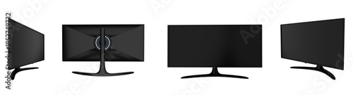 realistic photographic render showcasing a modern black television display monitor from various angles on a transparent background.