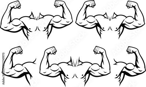 Flexed biceps muscles from various angles in black and white illustration