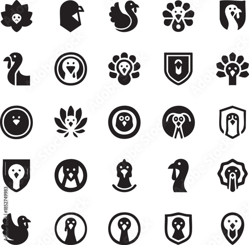  Large set of minimalist turkey bird icons and logos for Thanksgiving and farm branding