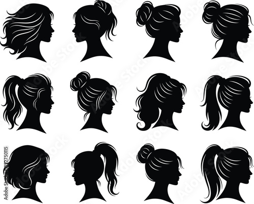 Collection of various female hairstyles in silhouette profile views