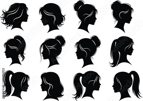Collection of various female hairstyles and ponytails in profile silhouettes