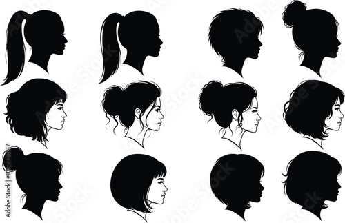 Diverse group of people silhouettes in various hairstyles and profiles