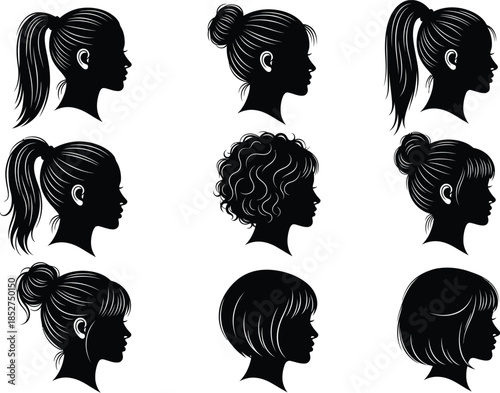 Eight different hairstyles shown in silhouette profiles for women with various hair textures and styles