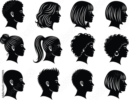 Diverse hairstyles of black people in profile silhouettes