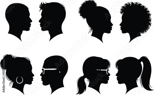 Diverse group of people head silhouettes profiles facing right