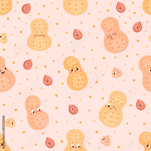 Cute peanuts seamless pattern. Peanut in shell and beans. Funny snacks characters. Cartoon print template for fabric design, nowaday vector background