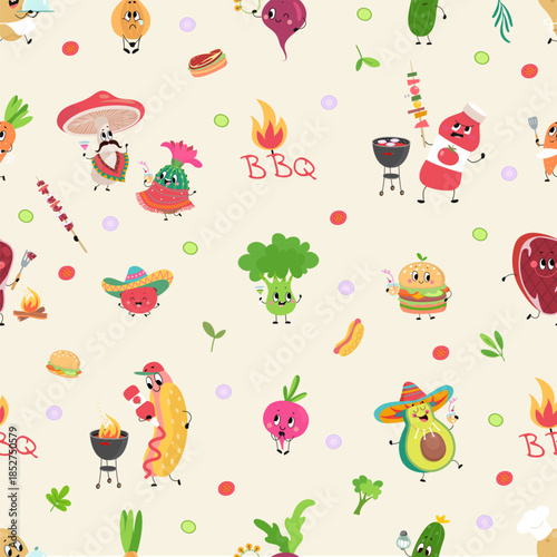 Cartoon bbq food seamless pattern. Positive vegetables, burger, hot dog, mushroom. Foody funny print for fabric, wallpaper, wrapping, nowaday vector background
