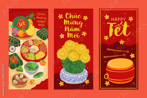 Design of festive red money envelopes for Vietnamese Lunar New Year (Tet). Traditional sticky rice cakes, candy box, flowers, drum, inscription in Vietnamese Сhúc Mừng Năm Mới (Happy New Year)
