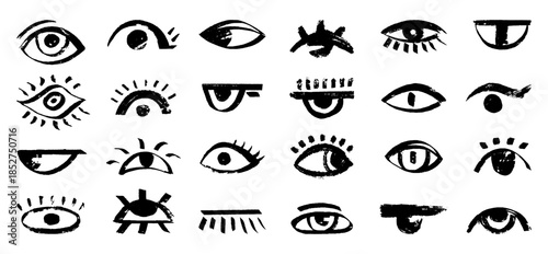 Doodle grunge eyes. Human eye with lashes and eyeball, ink paint brush bold stroke drawing. Decorative creative design elements, neoteric vector set