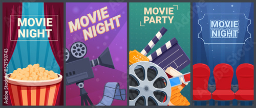 Cinema posters. Movie night invitation card templates. Entertainment or show banners with camera, popcorn bucket, red cartoon chairs, sapid vector set