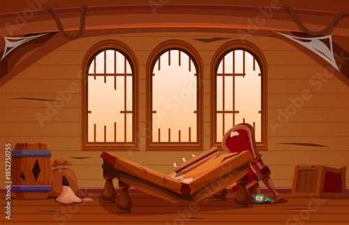 Abandoned captain cabin. Ship room with broken furniture. Broken windows, cobwebs on walls, destroyed wooden tables, chair and barrels, sapid vector scene