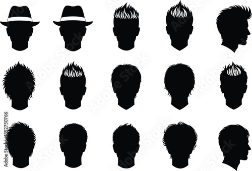 Collection of anonymous black silhouettes of men with various hairstyles and headwear on white background