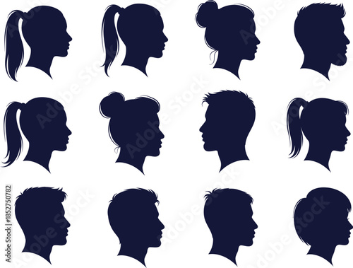 Silhouettes of twelve people with various hairstyles and hair lengths in profile
