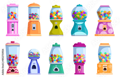 Cartoon candy machine. Vending machines with colorful gumballs and candies. Sweets in glass dispenser for office, mall, stores, kids zones, sapid vector set