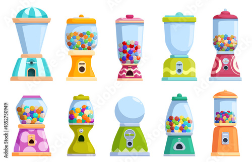 Gumball vending machine. Colorful candies or bubblegum in glass dispensers. Kids containers for market, stores, shopping mall, sapid vector clipart