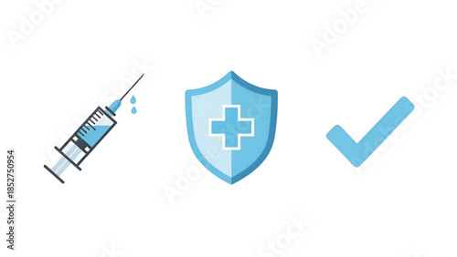 Vaccine Syringe with Medical Shield and Checkmark in Simple Flat Design with Blue Color Scheme for Healthcare
