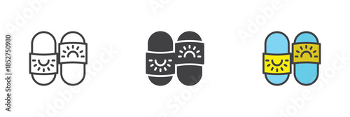 Summer slippers line, solid and colorful icon set pack