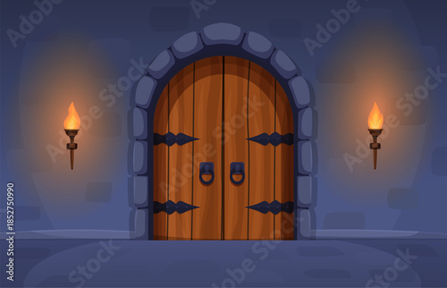 Medieval entrance. Old wooden door in stone wall with torches. Entrance in castle, vintage palace, village. Fairy tale cartoon landscape, sapid vector scene