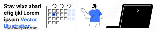 Task planning, remote work, digital scheduling, time management, communication, business organization. Man pointing to a calendar and a laptop. Task planning and remote work concept