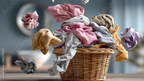 A basket full of clothes is being tossed into the air. The clothes are of various colors and sizes, and they are flying in different directions. Concept of chaos and disorder