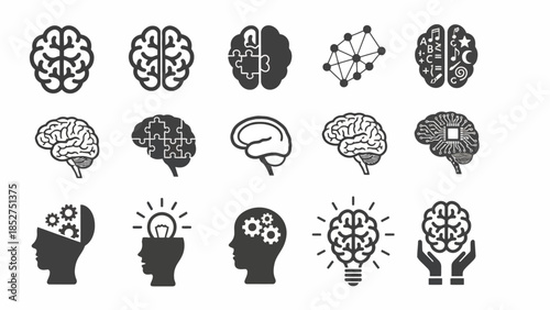 Collection of Icons Representing Human Brain Functionality, Cognition, and Ideas