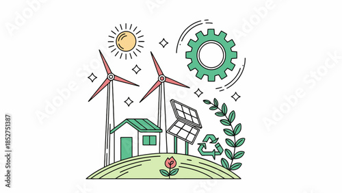 Sustainable energy sources, including wind turbines and solar panels, powering a green and eco-friendly home