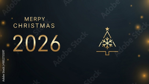 Merry christmas 2026 gold text with christmas tree on dark background with bokeh lights