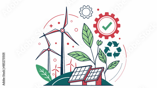 Modern illustration of sustainable energy solutions, featuring wind turbines, solar panels, and green technology for environmental protection and a clean future
