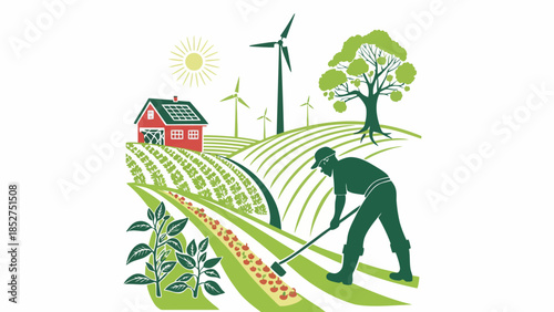 Sustainable agriculture and rural living a farmer tending to crops in a field with windmills and a house