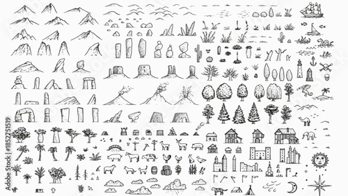 Extensive hand-drawn doodle vector elements toolkit for graphic design, map illustrations, nature scenes, and village architectural designs