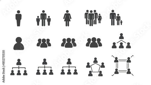 Comprehensive icon set featuring diverse human figures, groups, and organizational structures for depicting teams, networks, and social connections