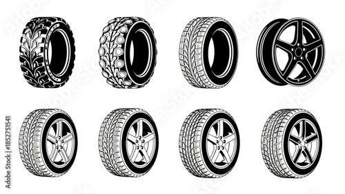 Set of vector illustrations showcasing various car tire and wheel designs