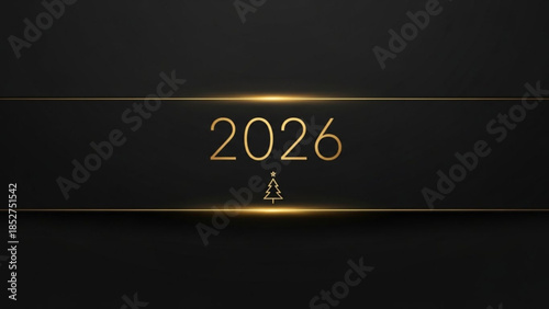 Golden 2026 new year celebration background with christmas tree, black background, gold lines and text