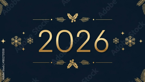 Golden 2026 new year celebration background with snowflakes and stars on dark blue