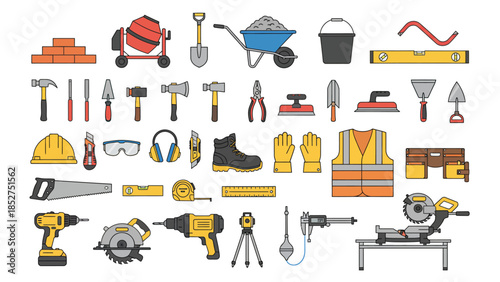 A collection of construction tools and safety equipment, illustrating a variety of DIY and professional building supplies