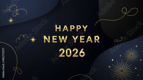Happy new year 2026 celebration with gold fireworks and stars on dark background