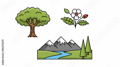 Colorful Nature Icons Set Flat Line Art Illustrations of a Lush Tree, Majestic Mountains with a Flowing River, and a Blooming Floral Plant